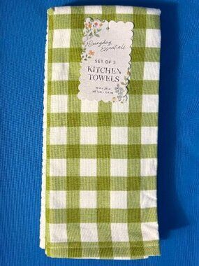 NEW 3 PACK SET GREEN GINGHAM & DIAMONDS KITCHEN TOWELS 18" X 28" 100% COTTON